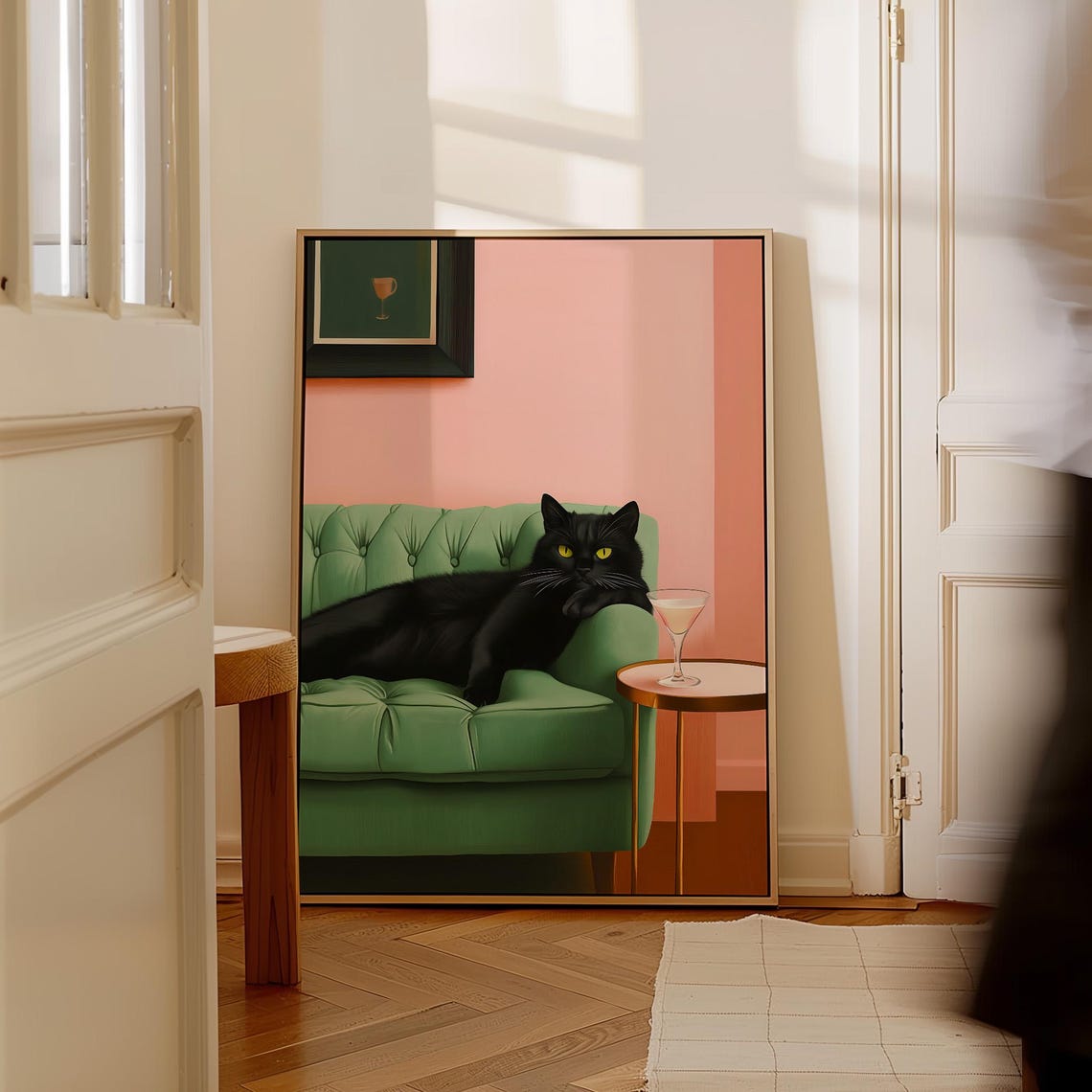 Black Cat Lounging On Green Velvet Sofa With Martini Art Poster