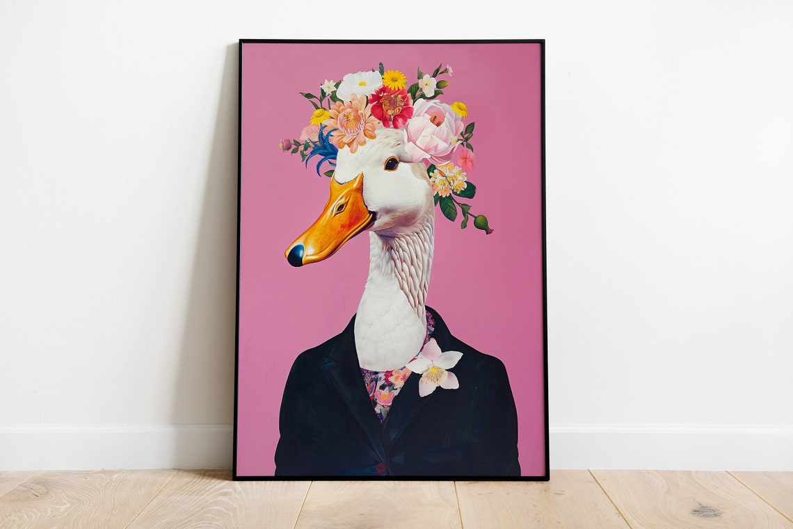 Duck Flower Crown Pink Background Suit Portrait Quirky Bird Poster