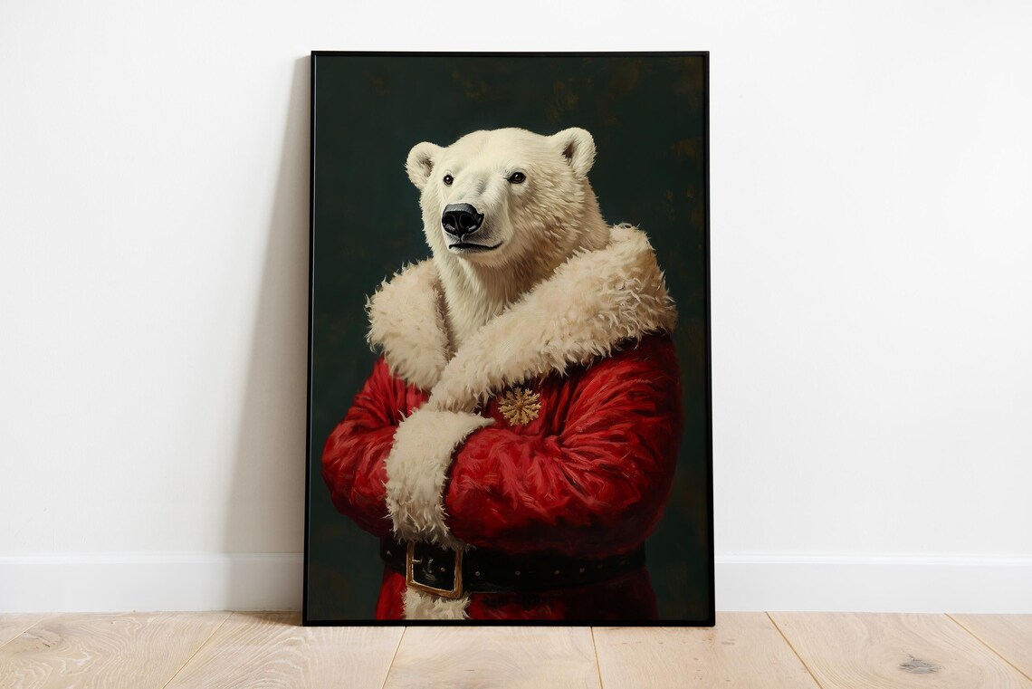 Polar Bear In Santa Coat Christmas Holiday Animal Portrait Poster