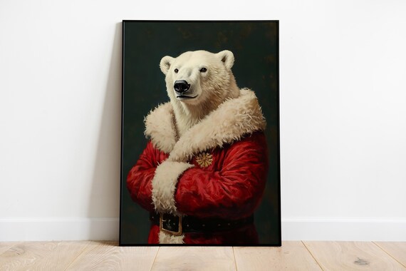 Polar Bear In Santa Coat Christmas Holiday Animal Portrait Poster