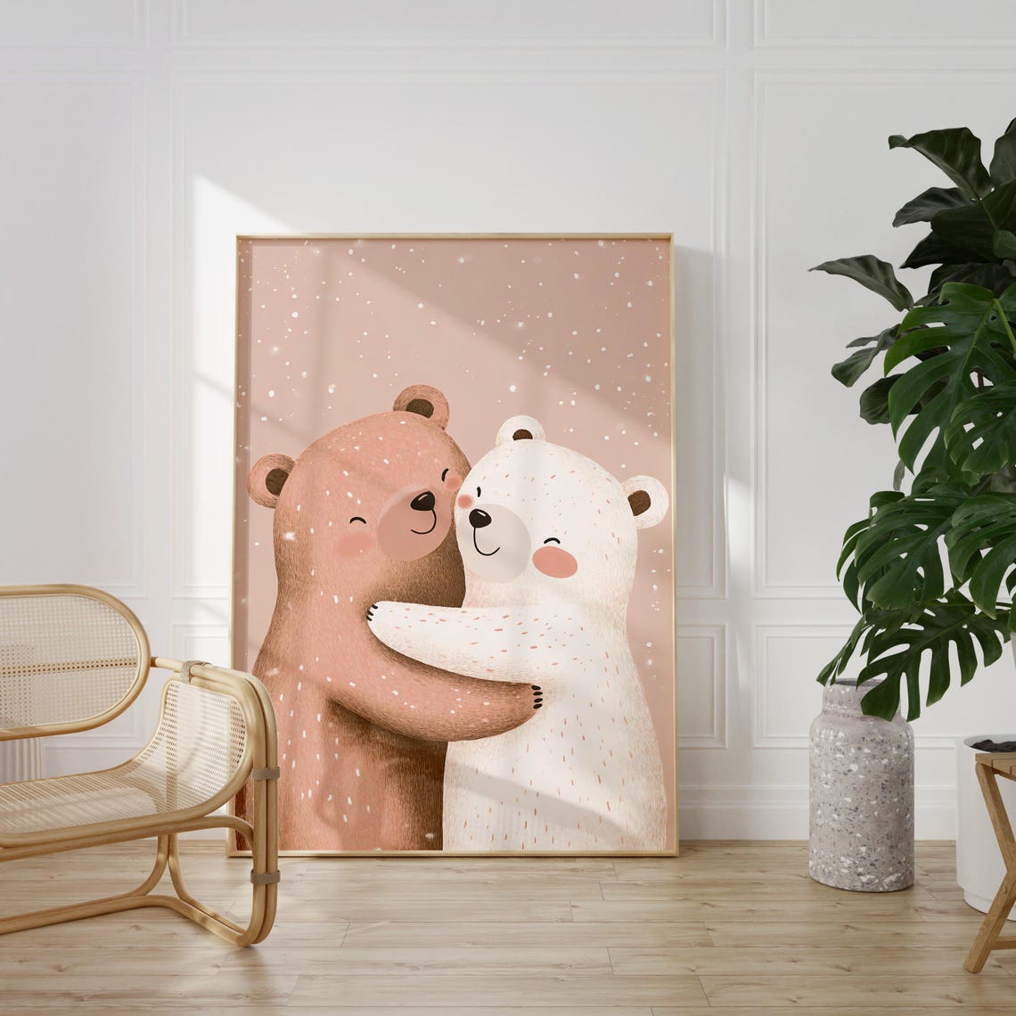 Two Bears Hugging in the Snow on a Blush Pink Nursery Poster - Image 2