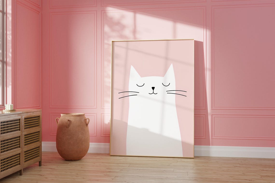 Cute Minimalist Sleeping White Cat Blush Pink Nursery Poster - Image 3