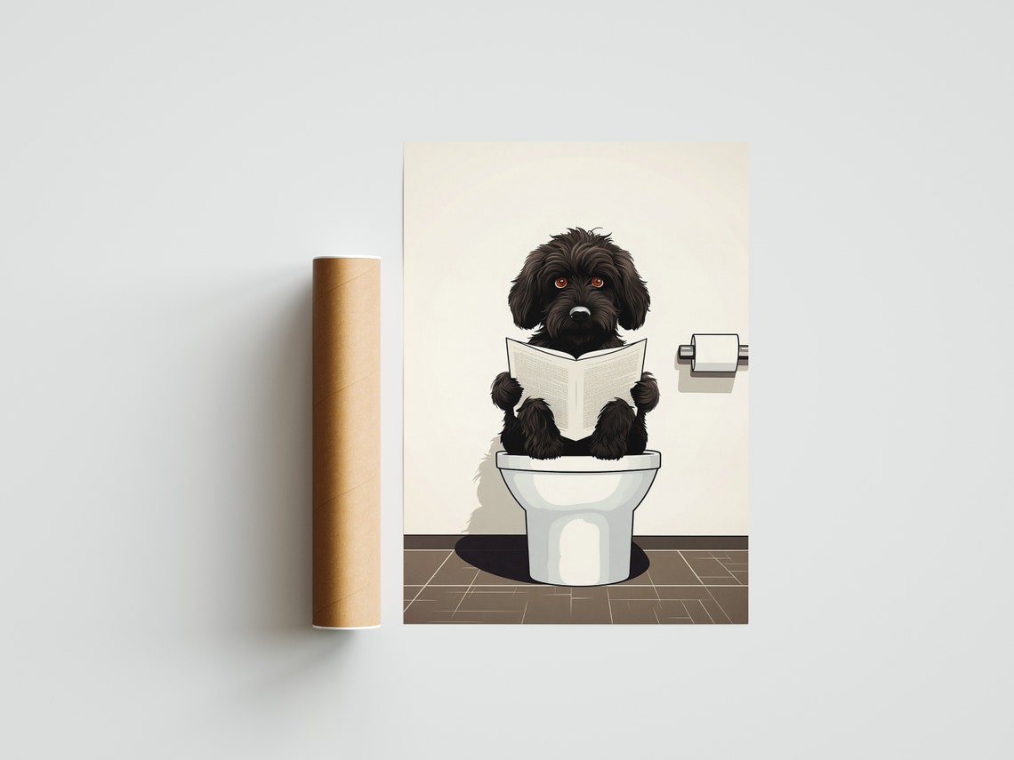 Funny Black Cockapoo on a Toilet Reading a Book Bathroom Poster - Image 3