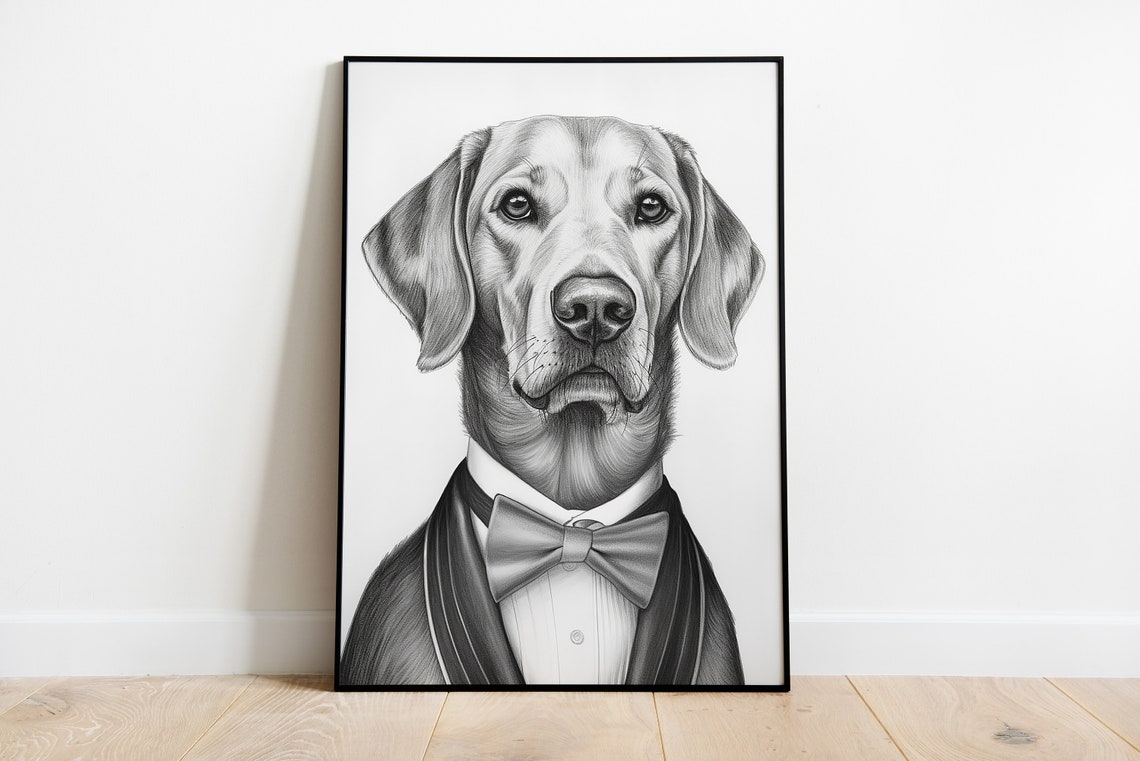 Dignified Labrador in Bow Tie Formal Pencil Sketch Portrait Poster