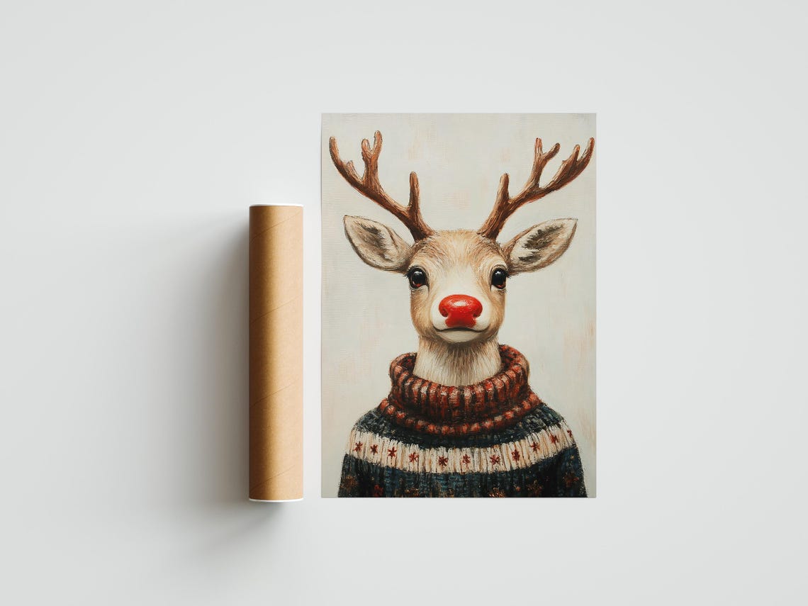 Adorable Red Nosed Reindeer in Cozy Knit Christmas Sweater Poster - Image 3