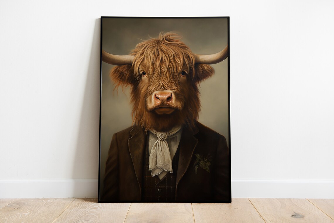 Highland Cow Portrait Art Print, Funny Animal Body Art