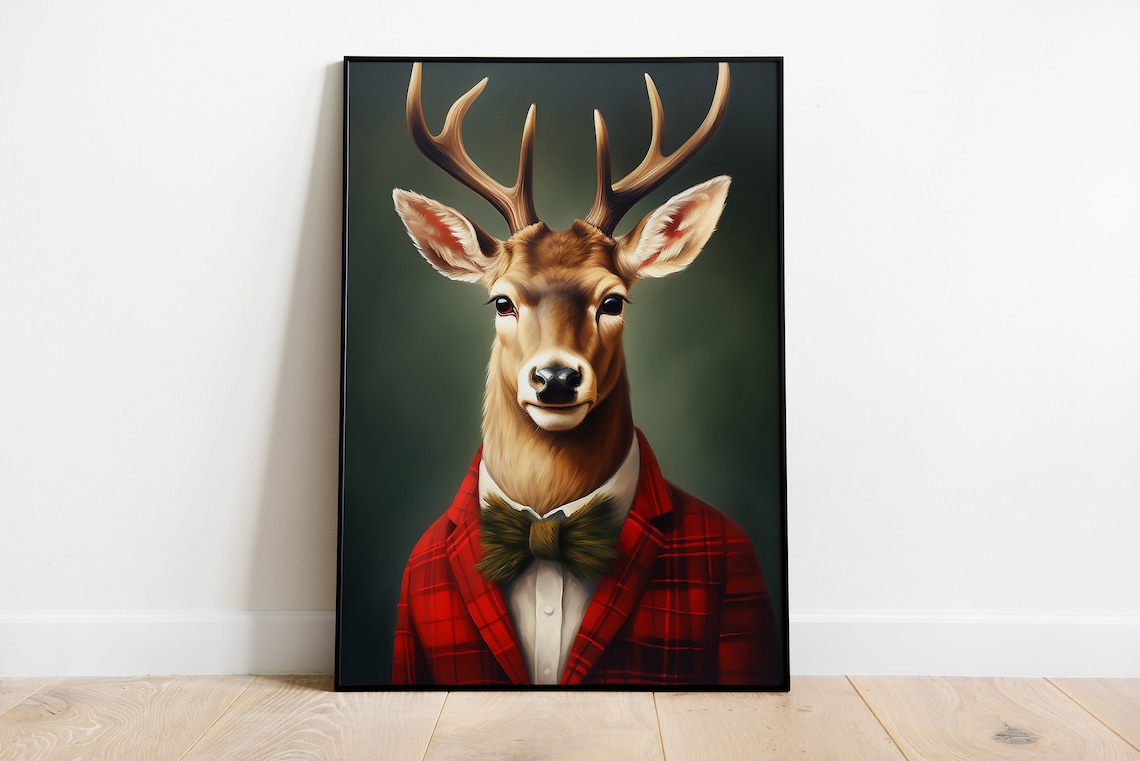 Reindeer Portrait in Red Plaid Suit Bow Tie Christmas Poster