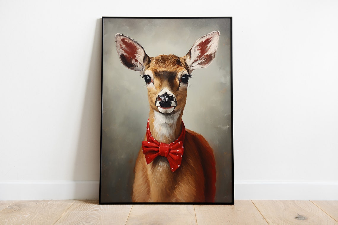 Adorable Young Deer with Red Polka Dot Bow Tie Holiday Poster