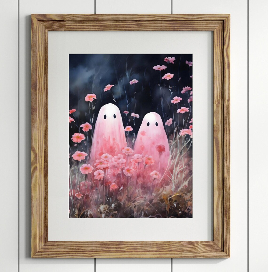 Moody Pink Flowers and Ghosts Art Print, Cottagecore - Image 2