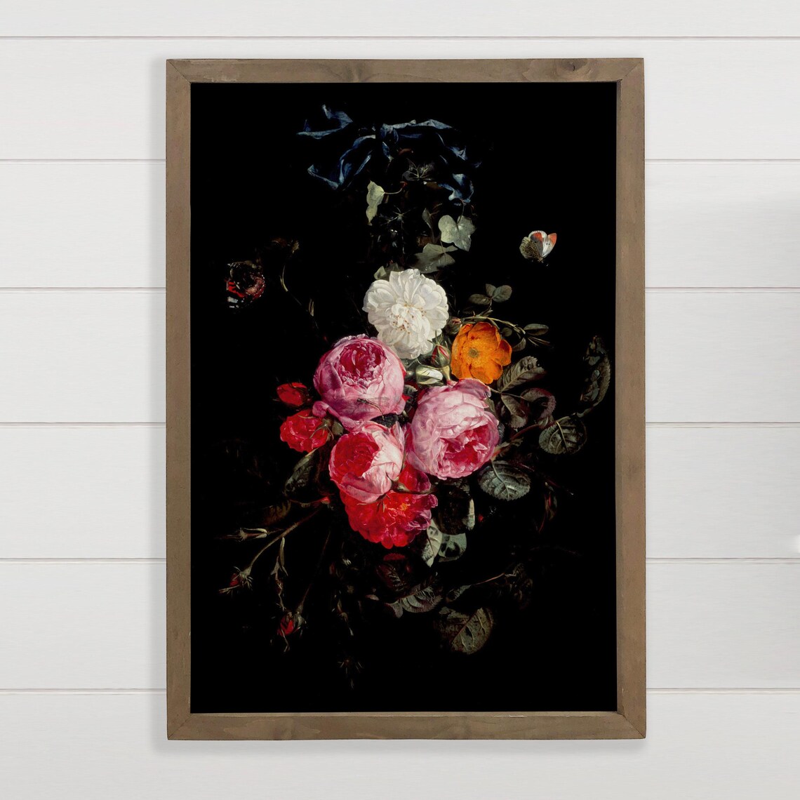 Dark Floral Roses And Butterflies Still Life Romantic Vintage Wall Art