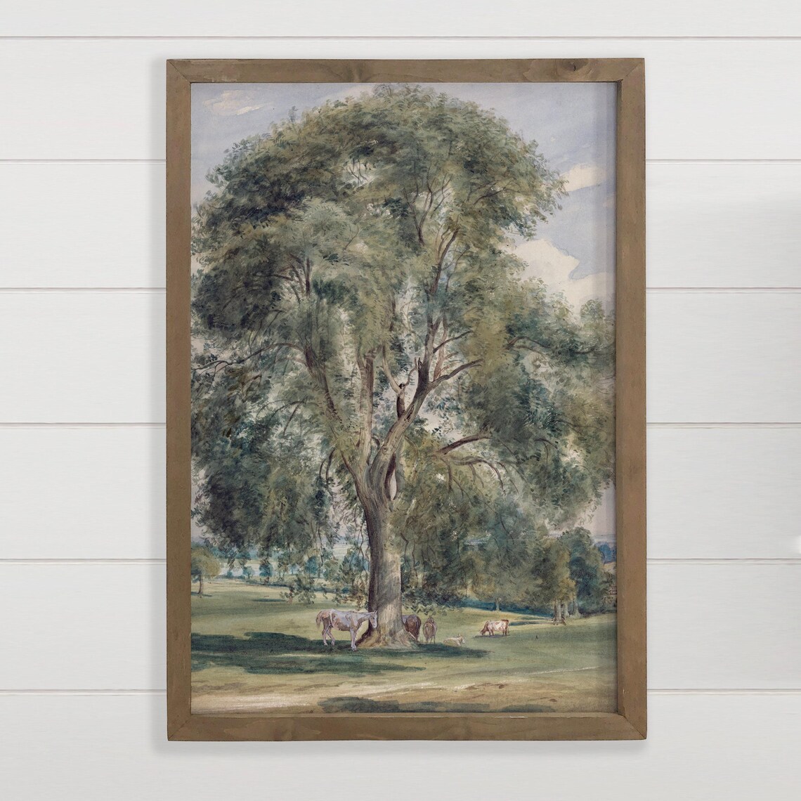 Grand Oak Tree With Horses Grazing Meadow Watercolor Canvas Wall Art