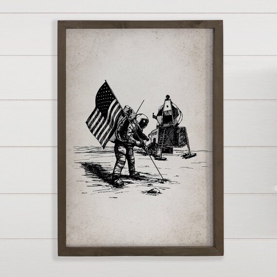1969 Moon Landing Astronaut Flag Sketch Vintage Canvas Wall Art