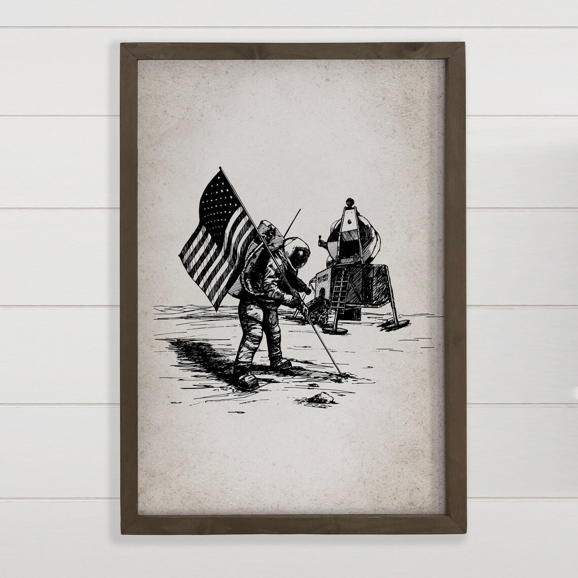 1969 Moon Landing Astronaut Flag Sketch Vintage Canvas Wall Art