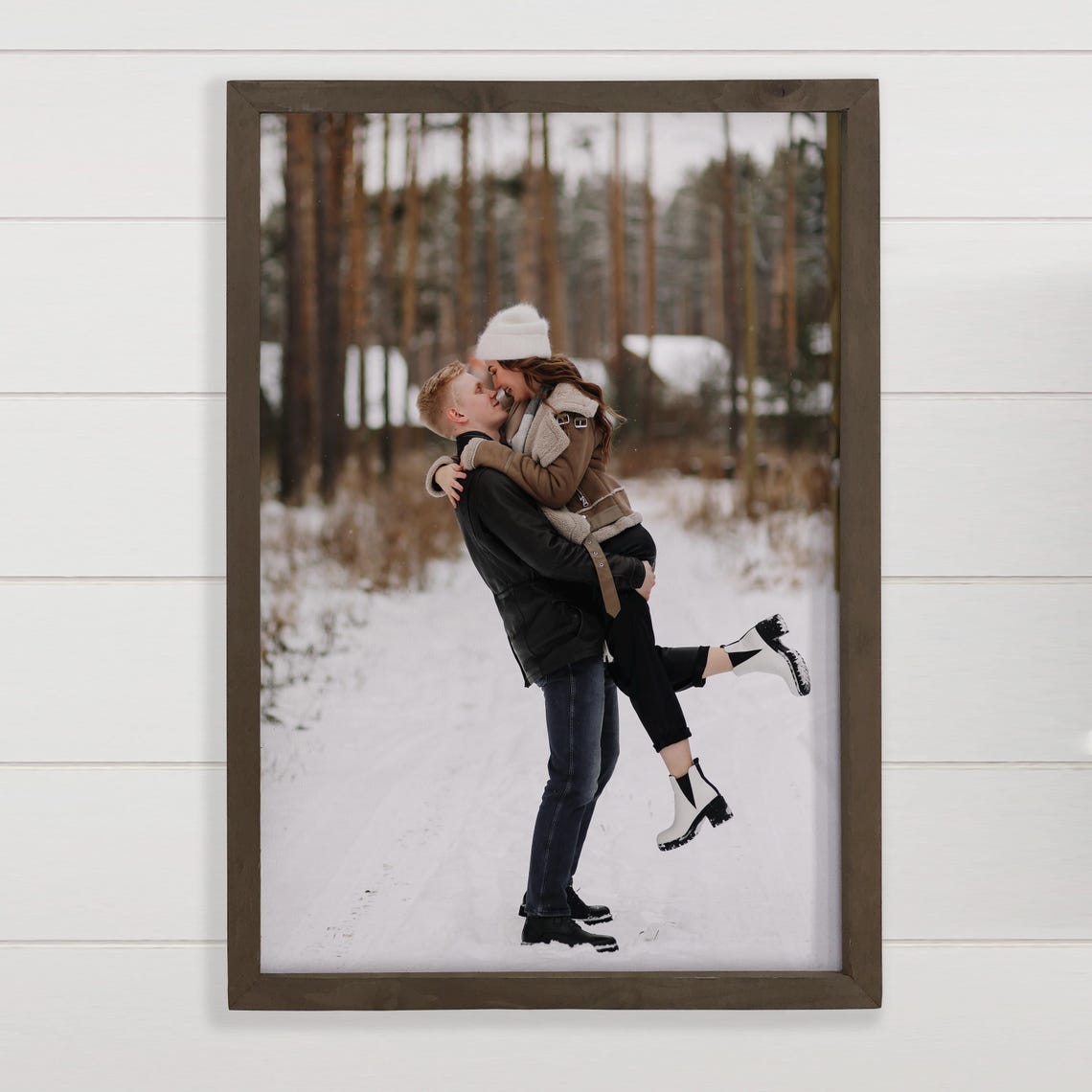Personalized Winter Couple Photo Snowy Embrace Keepsake Print