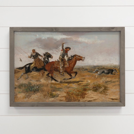 Cowboys Roping Wolf Cowboy Canvas Art Wood Framed Decor