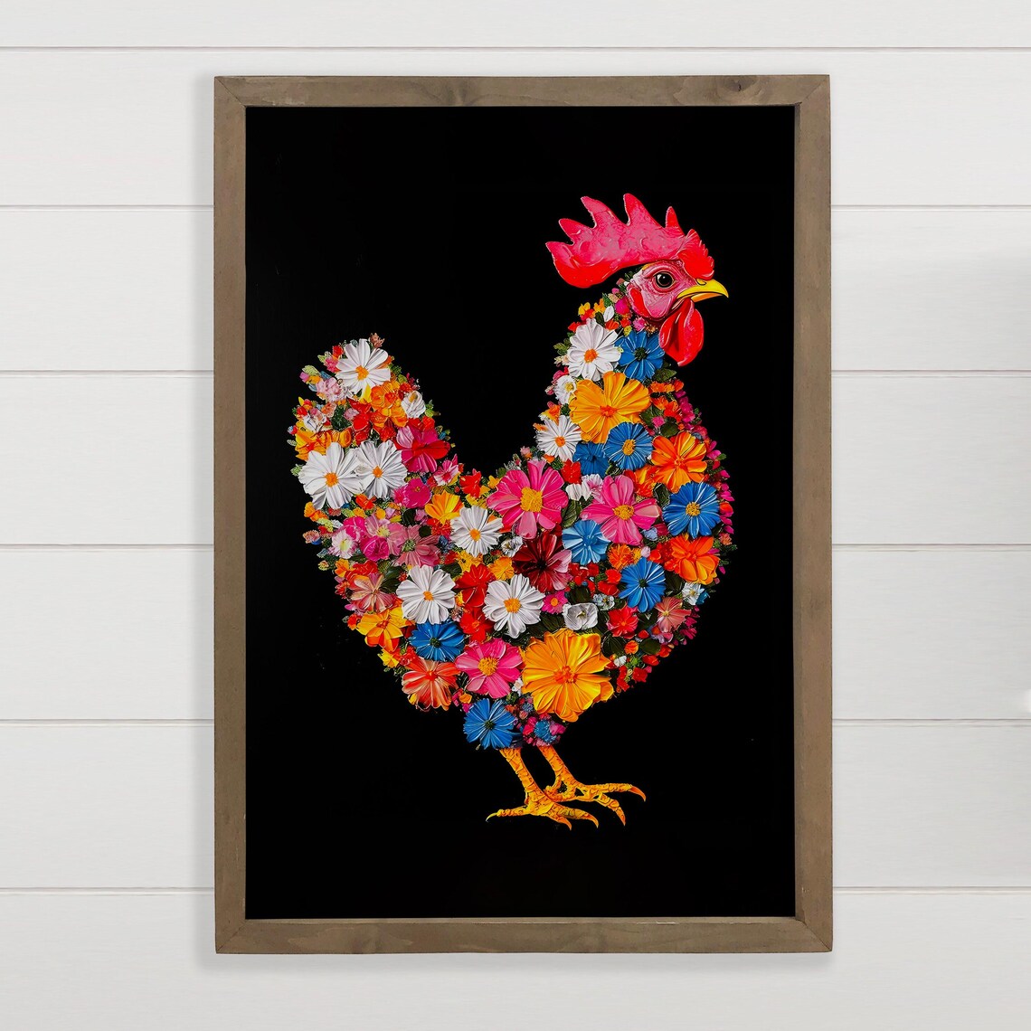 Colorful Flower Rooster Folk Art Bold On Black Background Poster