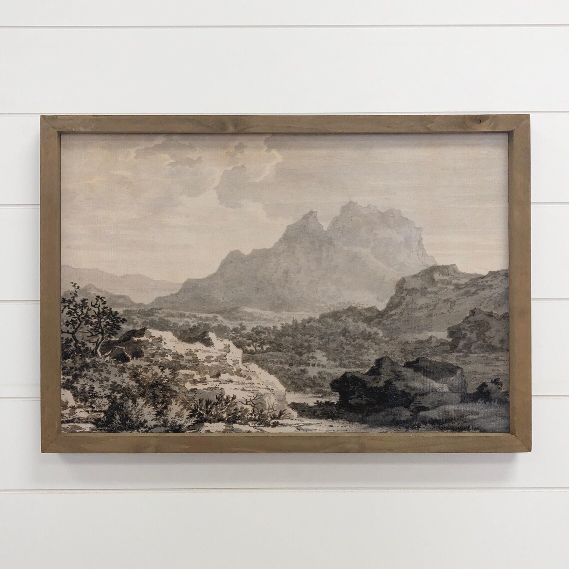 Vintage Sepia Mountain Landscape Rocky Peaks Antique Sketch Art Poster