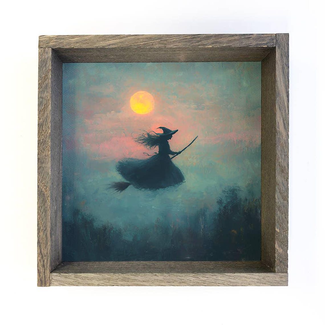 Witch Flying on Broom Under Full Moon Spooky Halloween Poster