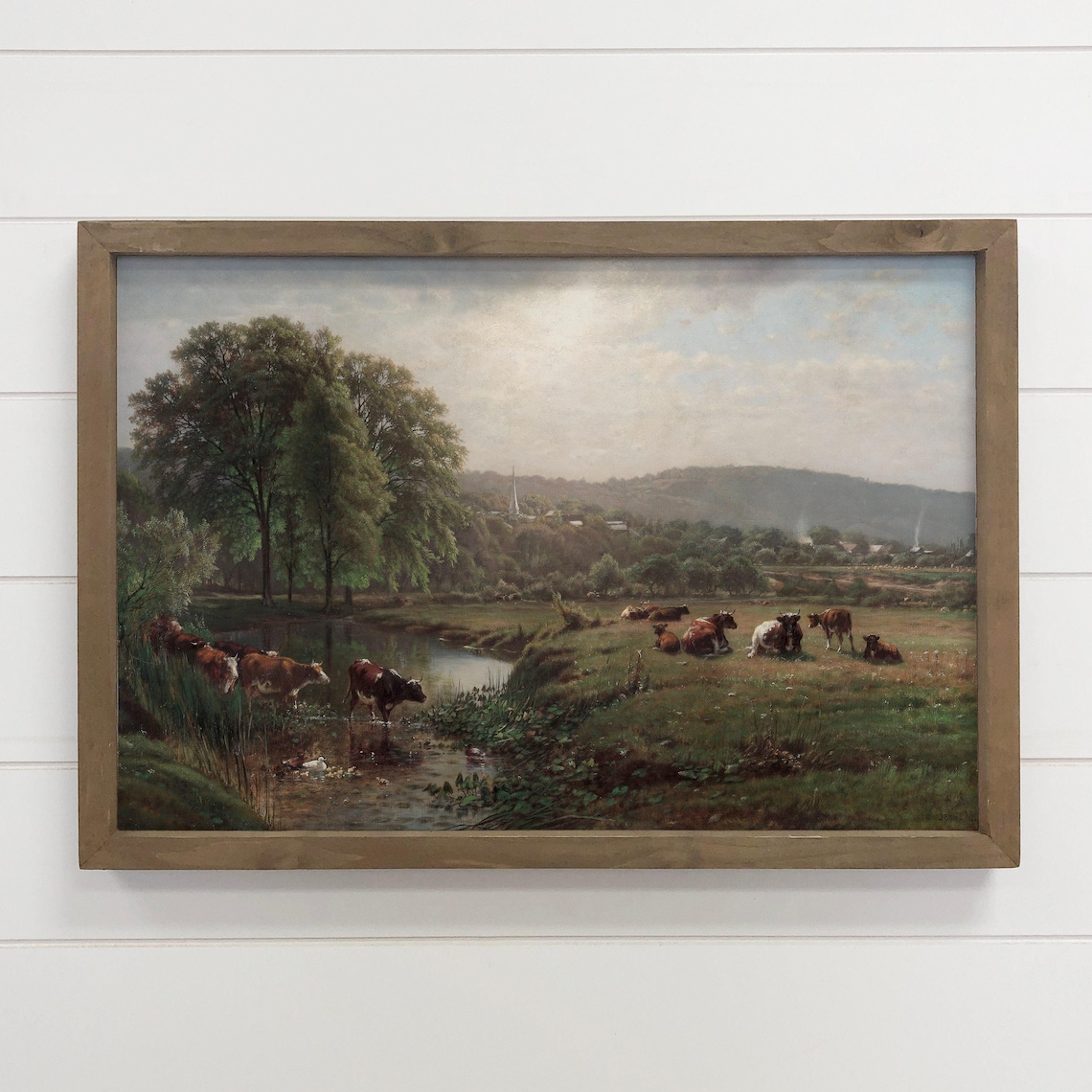 Vintage Cows Grazing By Stream Farmhouse New England Pastoral Poster