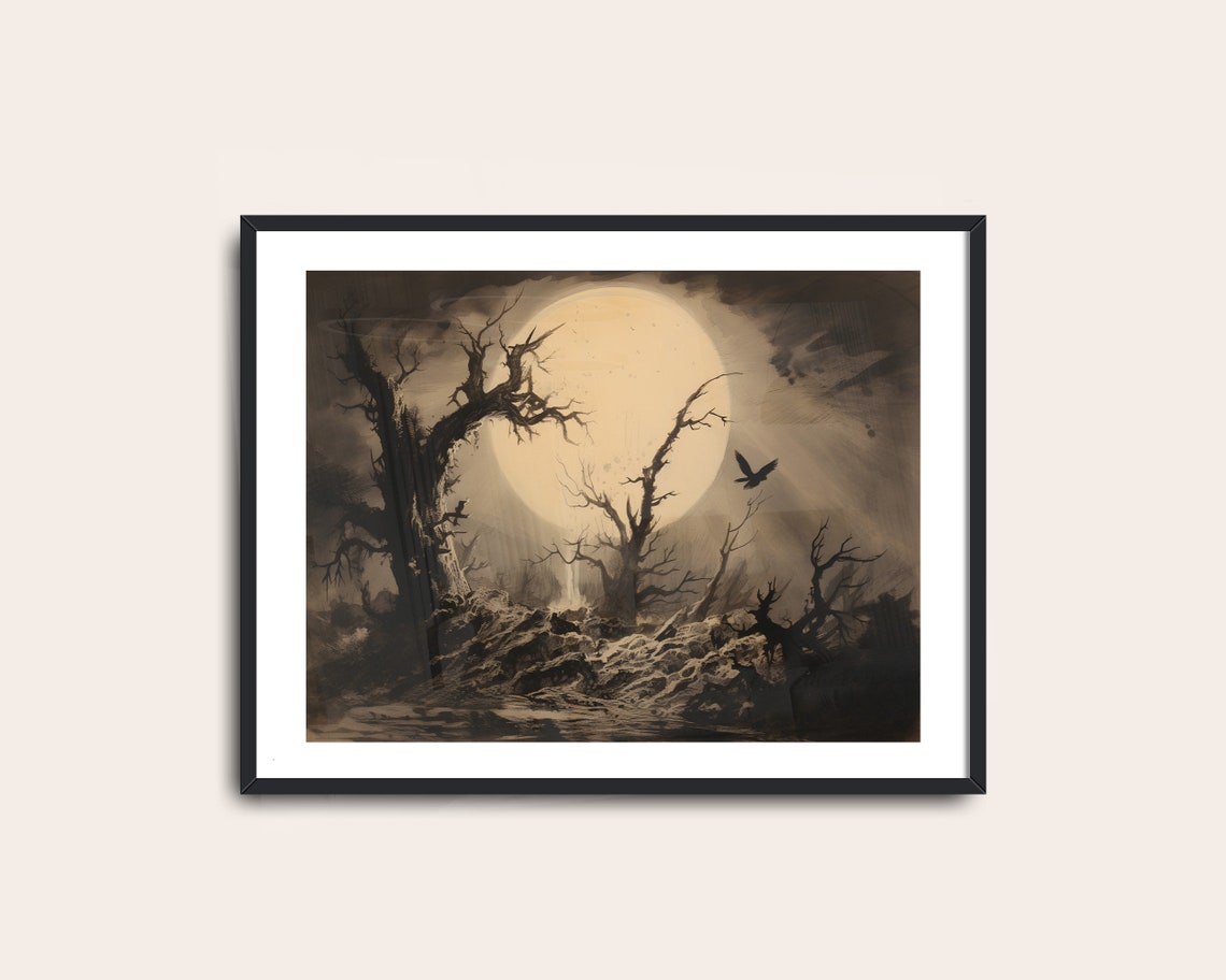 Full Moon Behind Bare Trees Spooky Vintage Halloween Landscape Poster - Image 2