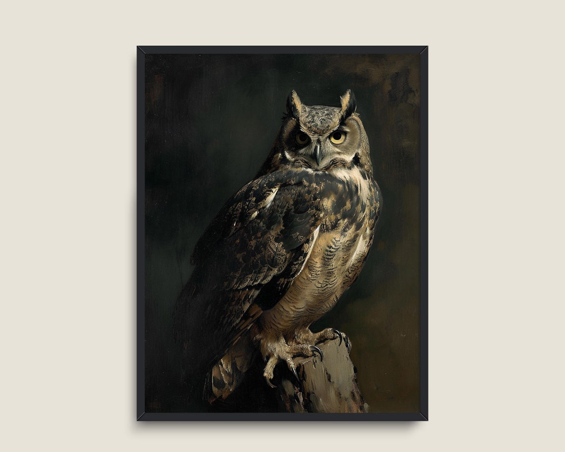 Great Horned Owl Perched On Stump Dark Moody Wildlife Bird Print - Image 3