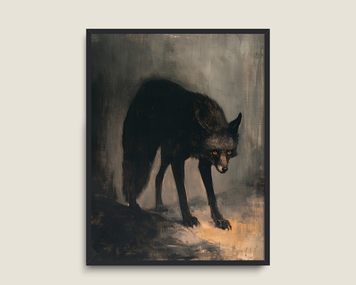 Black Wolf Amber Eyes Misty Forest Moody Wildlife Wall Art Poster - Image 3
