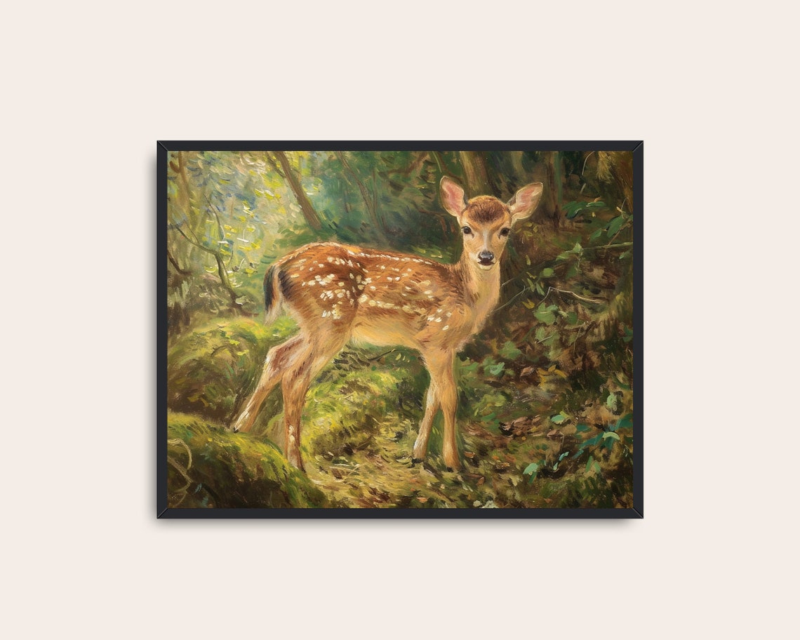 Spotted Fawn in Sunlit Forest Vintage Style Deer Painting Wall Print - Image 3