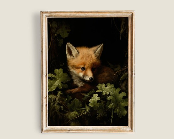Baby Fox Cub Dark Woodland Moody Wildlife Painting Green Shadow Animal Art Poster