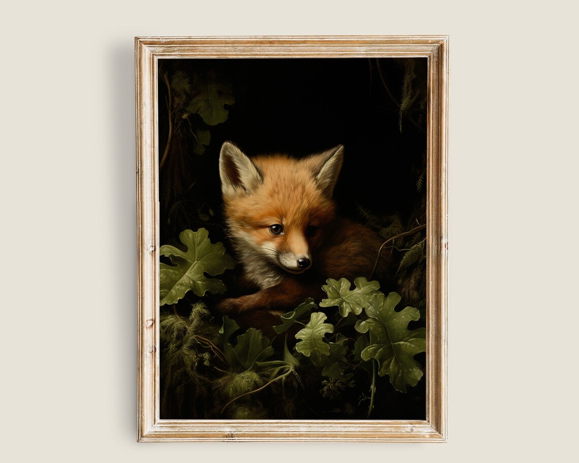 Baby Fox Cub Dark Woodland Moody Wildlife Painting Green Shadow Animal Art Poster