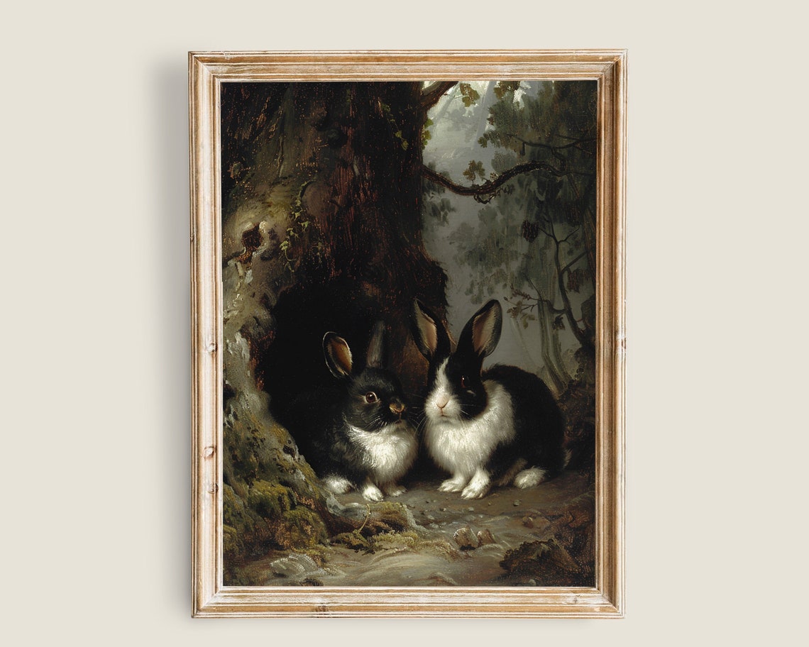 Two Rabbits Resting In Hollow Tree Trunk Dark Forest Vintage Print