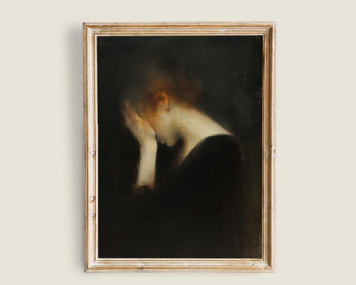 Dark Moody Woman Portrait Red Hair Bowed Head Dark Academia Art Poster - Image 3