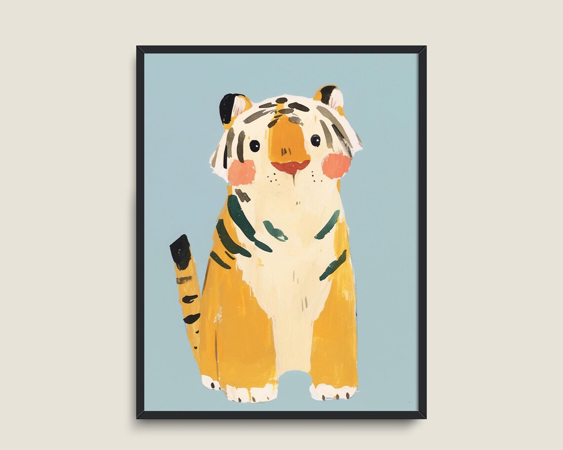 Adorable Baby Tiger Cub Painting Blue Background Kids Poster - Image 3