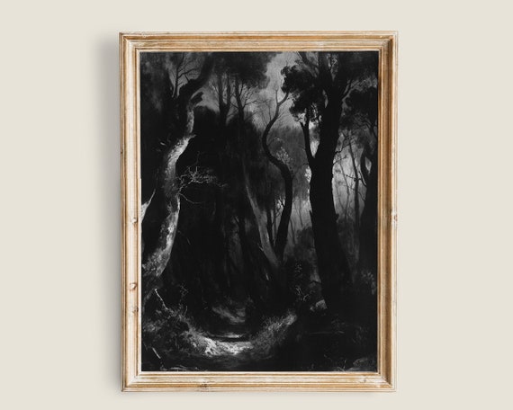 Dark Landscape Vintage Wall Art Nature Moody Woods Art Night Forest Painting Dark Academia Decor Art Dark Gothic Nature
