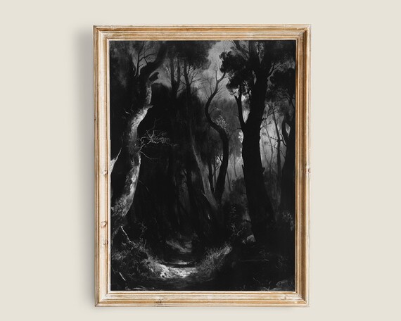 Dark Moody Black And White Forest Path Gothic Woodland Wall Art