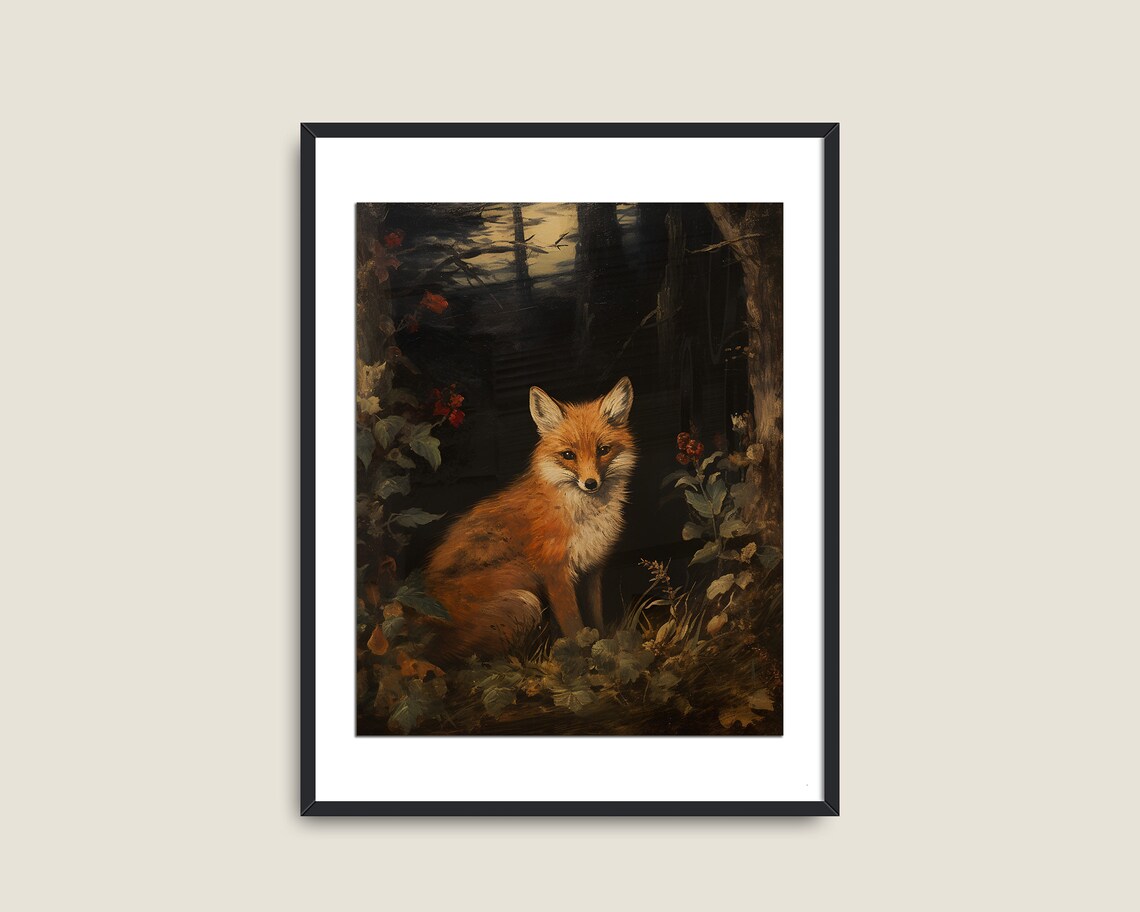 Red Fox in Dark Forest Vintage Style Moody Woodland Animal Wall Print - Image 2