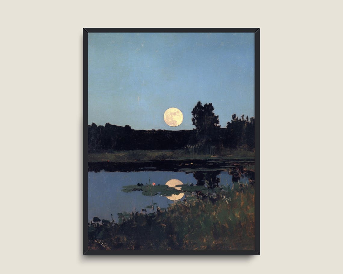 Full Moon Rising Over Dark Lake Night Landscape Vintage Wall Art - Image 3