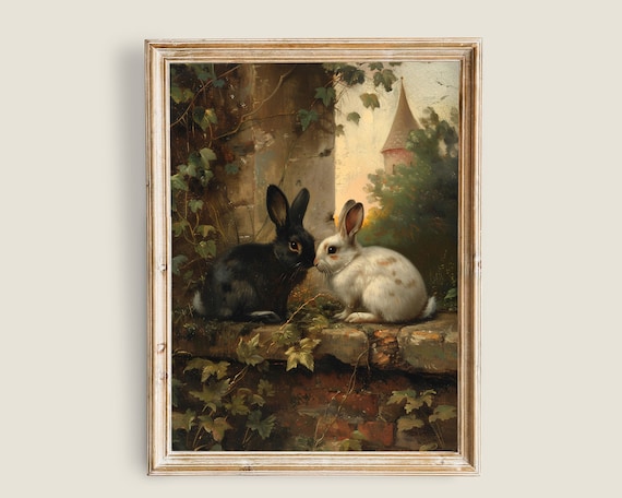 Black White Rabbits Ivy Ledge Vintage European Bunny Painting Print