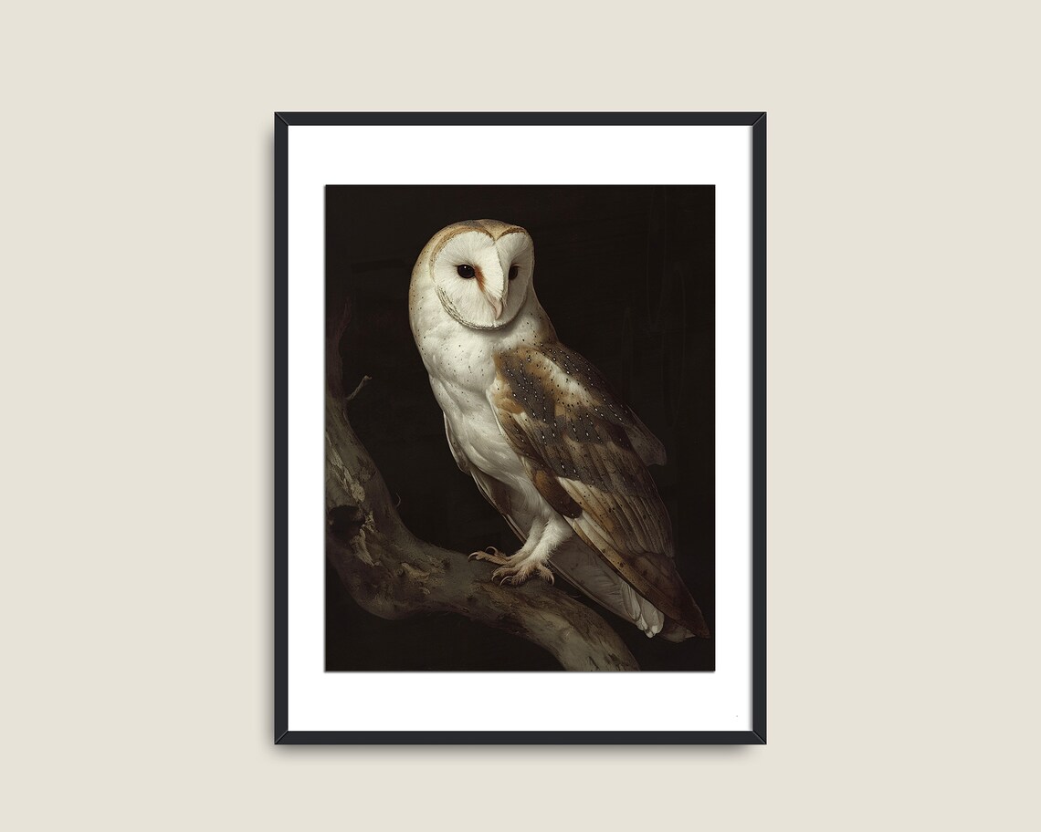 Barn Owl on Branch Dark Background Vintage Bird Portrait Poster - Image 2