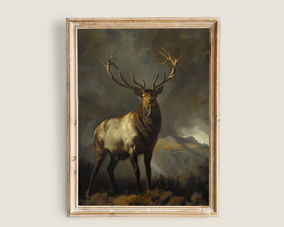Stag Huge Antlers Dramatic Mountain Vintage Wildlife Painting Print