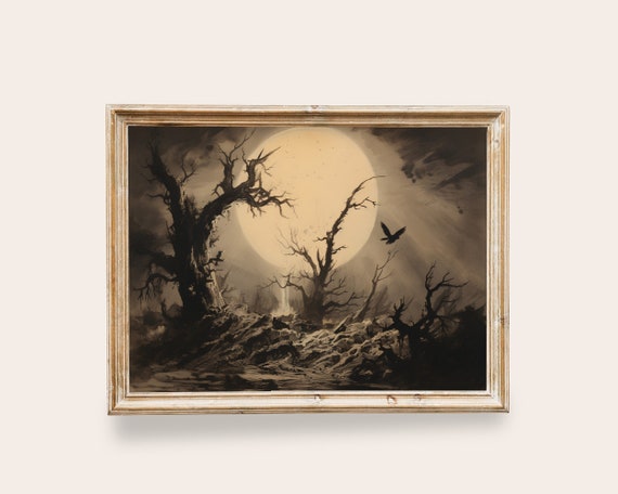 Dark Nature Vintage Painting Full Moon Landscape Art Antique Rustic Farmhouse Decor Dark Academia Art Wall Art