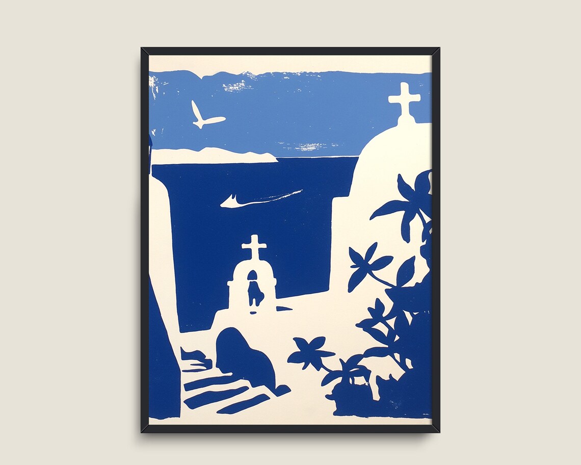 Santorini Greece White Church Blue Aegean Sea Minimalist Coastal Travel Poster - Image 3