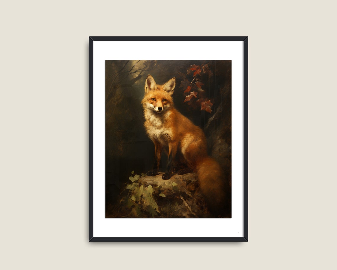 Red Fox Sitting in Autumn Forest Vintage Dark Academia Poster - Image 2