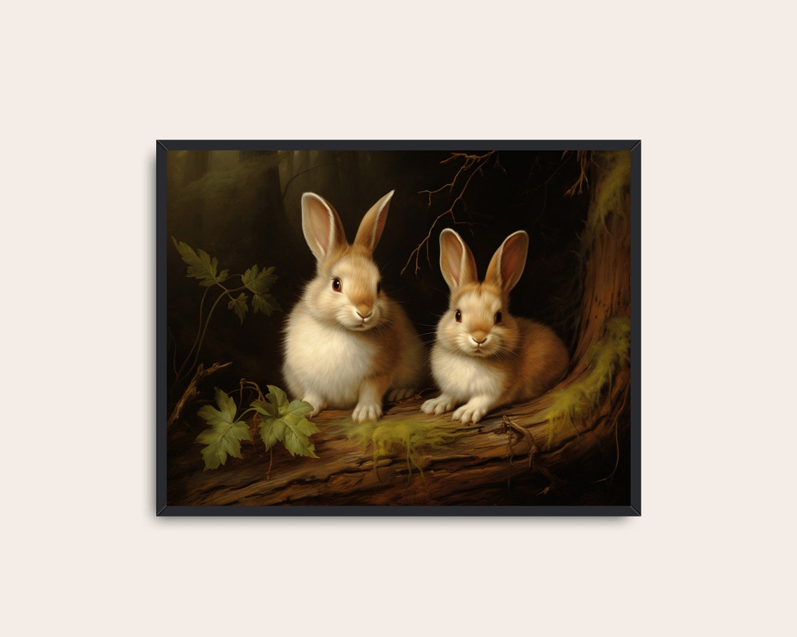 Two Rabbits Mossy Log Dark Forest Vintage Wildlife Painting Print - Image 3