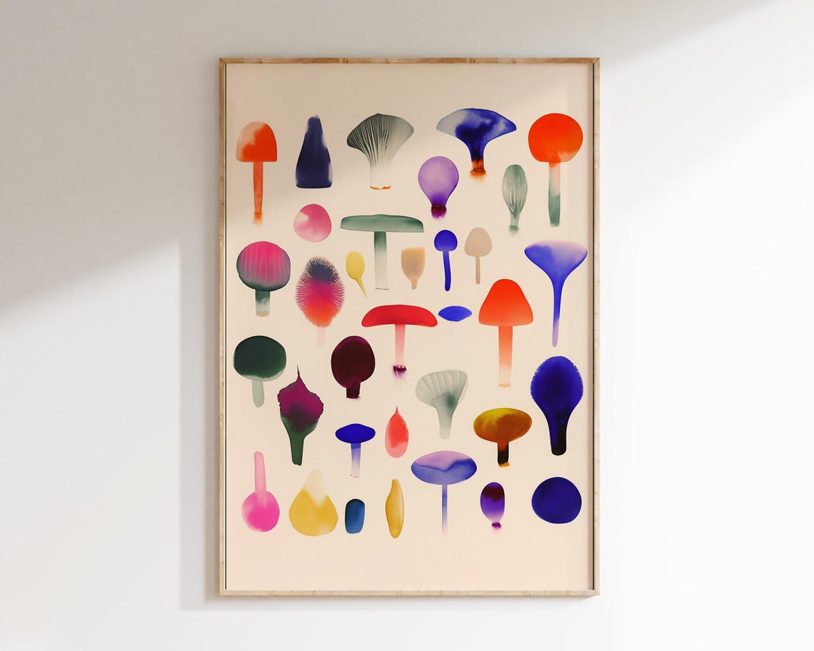 Colorful Mushroom Mycology Chart Mid Century Botanical Art Poster