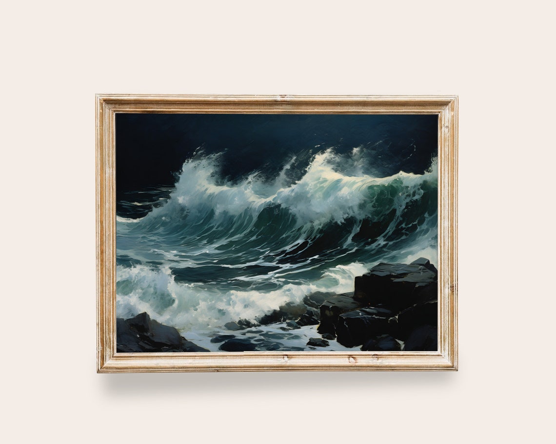 Dramatic Night Ocean Wave Crashing Rocks Dark Seascape Poster