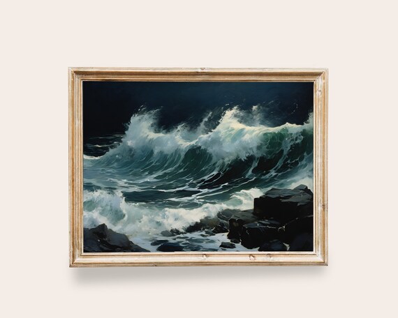 Dramatic Night Ocean Wave Crashing Rocks Dark Seascape Poster