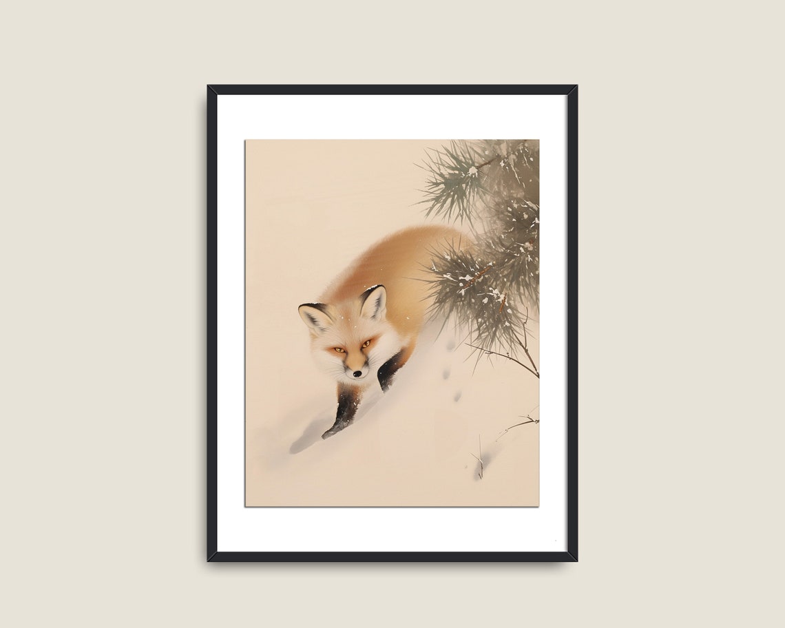 Red Fox Leaping In Snow Among Pine Trees Japanese Style Art Print - Image 2