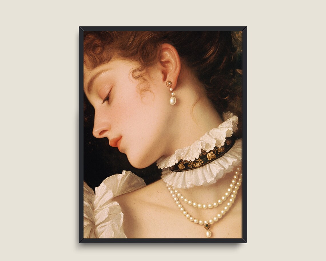 Woman Pearl Necklace Profile Vintage Romantic Portrait Wall Art - Image 3