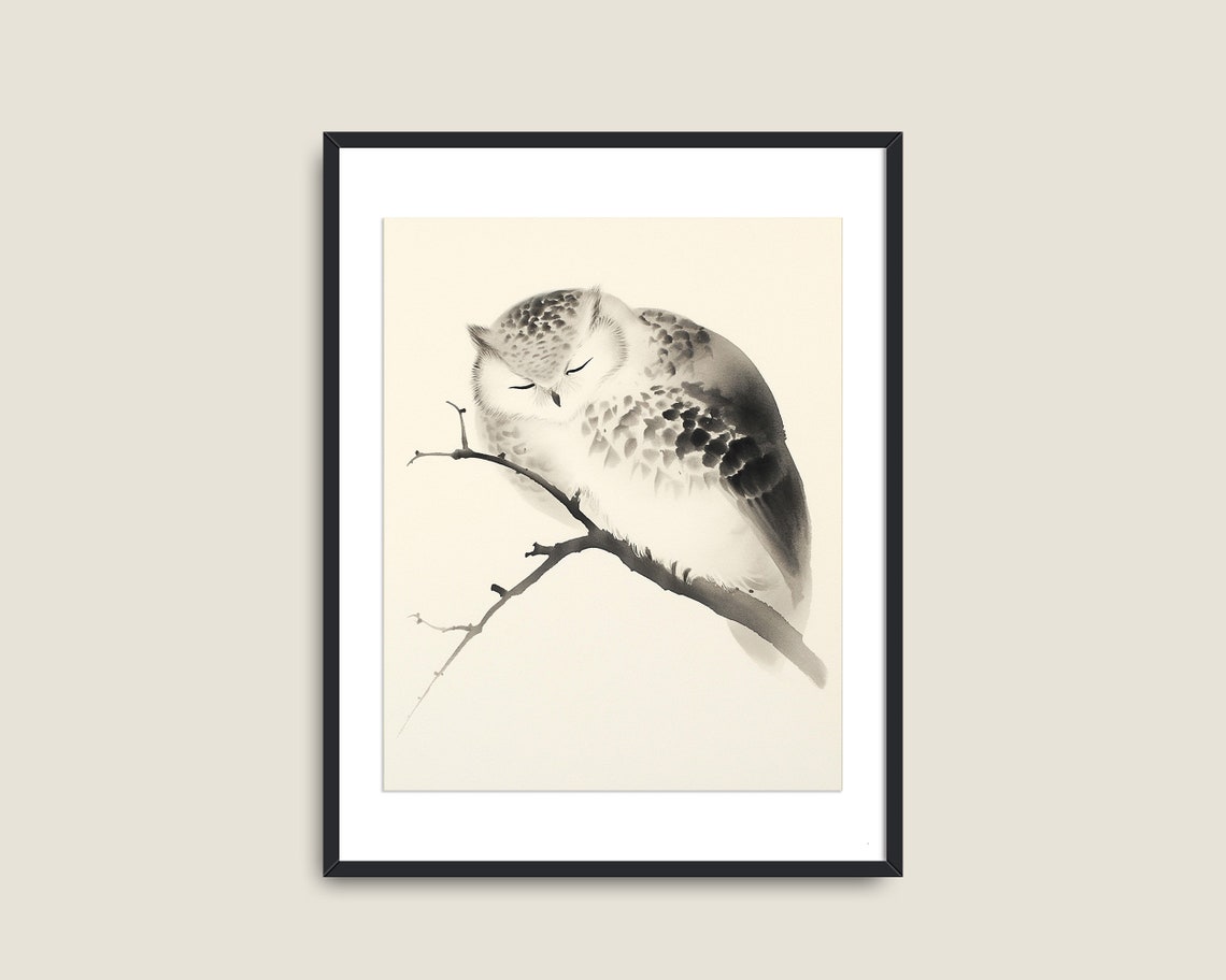 Sleeping Owl Branch Japanese Sumi-e Ink Painting Minimalist Art Poster