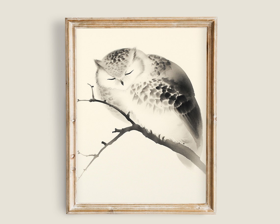 Sleeping Owl Branch Japanese Sumi-e Ink Painting Minimalist Art Poster - Image 3